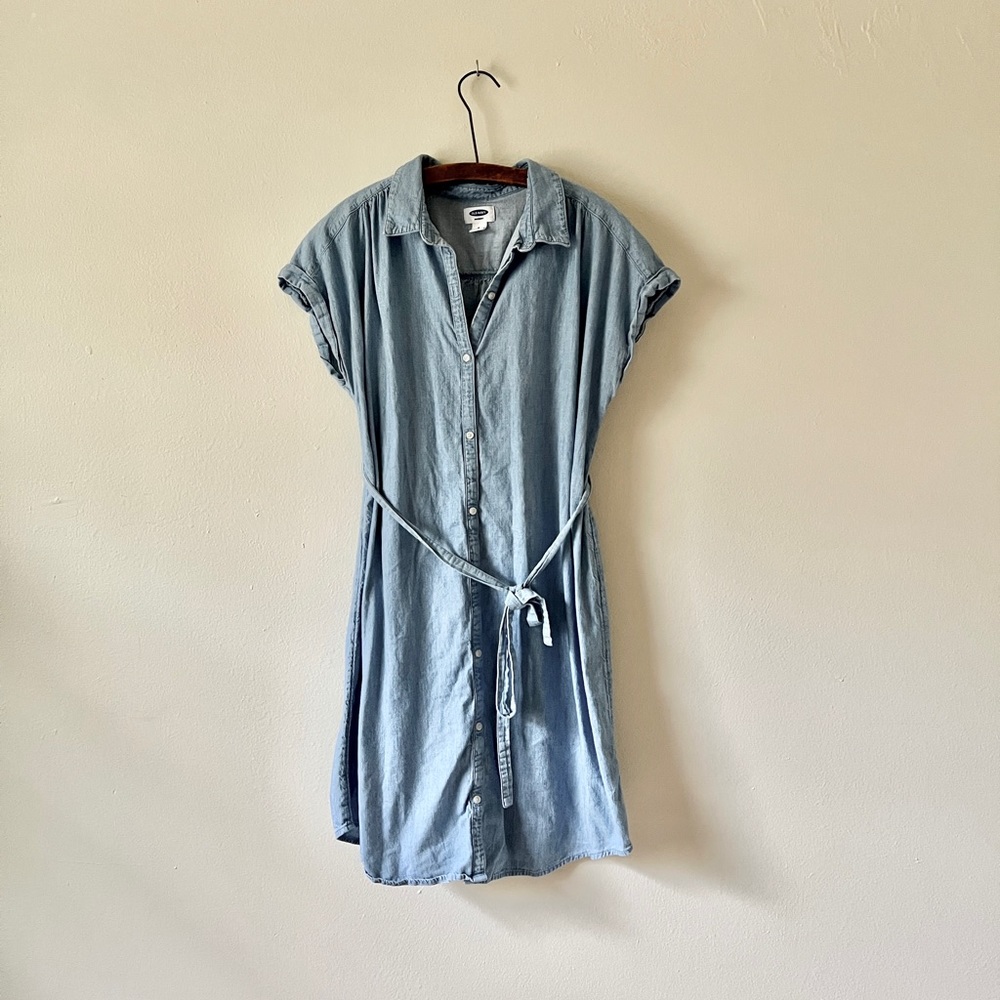 Light Denim Relaxed Fit 100% Cotton Maternity Shirt Dress Tunic Edge Tied Waist